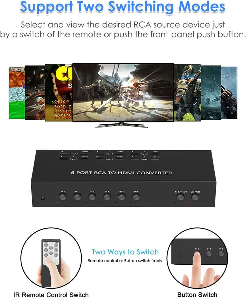 OseTub 6 Port RCA to HDMI Converter, Dual AV to HDMI Converter Supports 16:9/4:3 Composite to HDMIAdapter Support 1080P PAL/NTSC Compatible with Sega/Xbox/PS1/PS2/PS3/WII/N64/VHS, VCRs, and DVD Players - Image 3